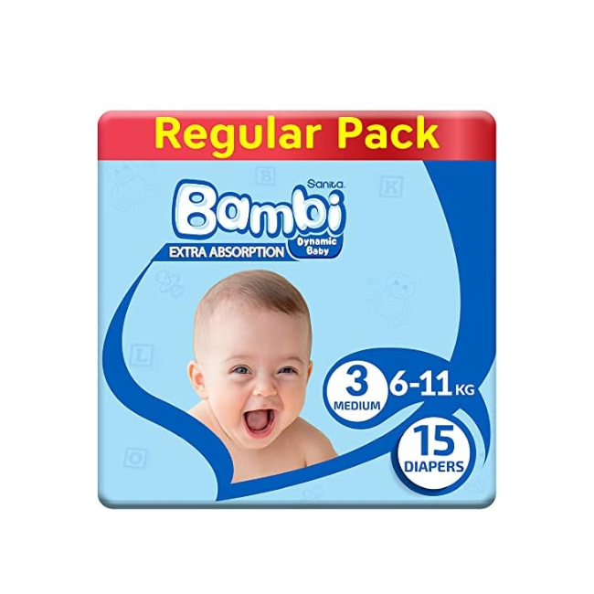 Sanita Bambi Baby Diapers Regular Pack, Size 3, Medium, 6-11kg, 15 Count