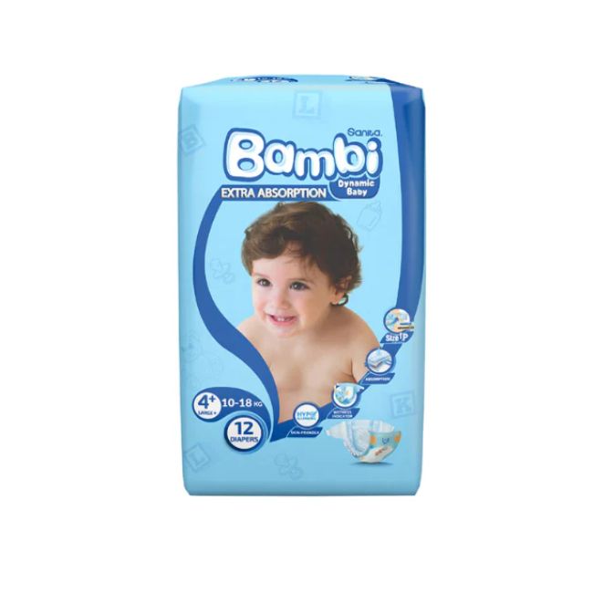 Sanita Bambi Baby Diapers Regular Pack, Size 4+, Large Plus, 10-18kg, 12 Count