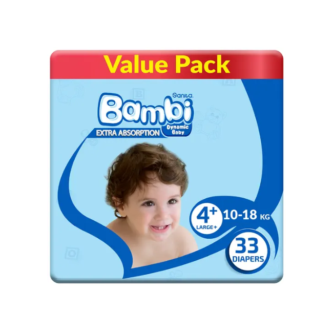 Sanita Bambi Baby Diapers Value Pack, Size 4+, Large Plus, 10-18kg, 33 Count