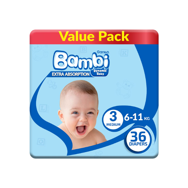 Sanita Bambi Baby Diapers Value Pack, Size 3, Medium, 6-11kg, 36 Count